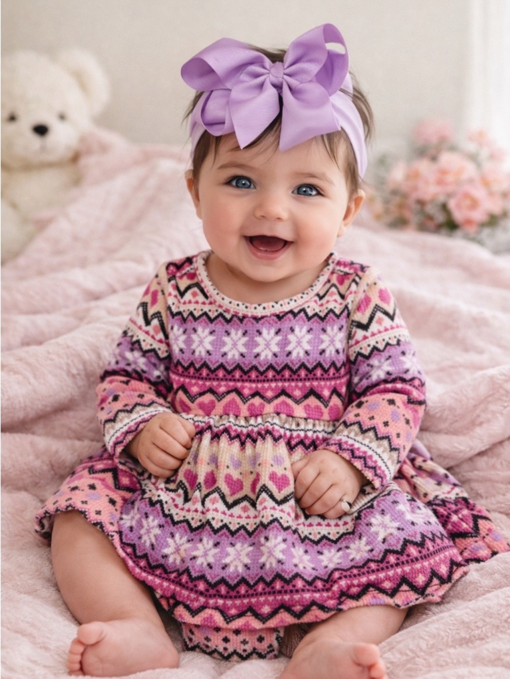 Pink & Lavender Fair Isle Print Baby Dress with Bow Headband